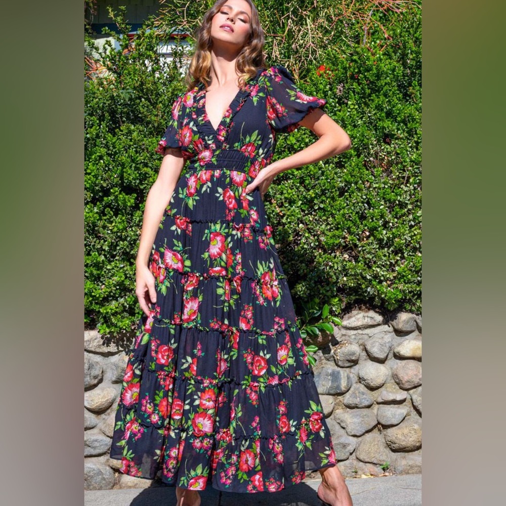 Yumi Kim Floral Maxi Dress - Black and Red